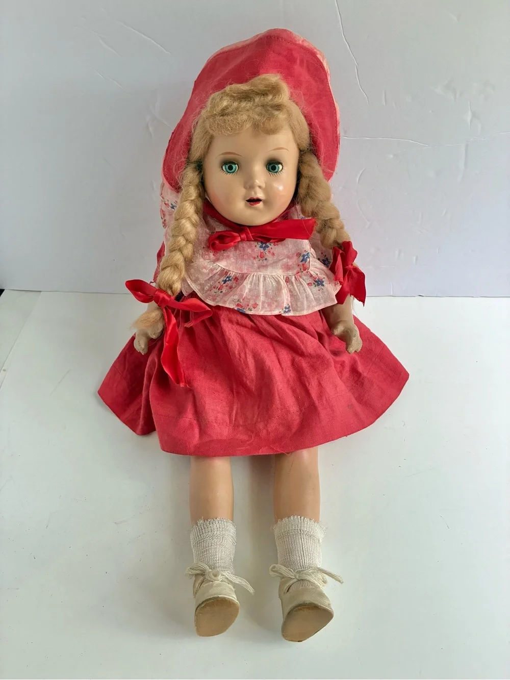 Vintage 40s 50s Composition Doll Red Dress Hat 18” Hard Plastic Rare